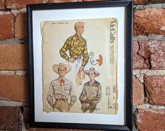 1956 Vintage Men's Western Shirt Pattern Authentic McCall's Pattern with Cowboy Western Illustration on sleeve framed in Black Wood Frame