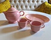 4 pieces FIESTAWARE Rose Pink Pottery Teapot with lid, Large Platter Cups Fiesta by Homer Laughlin circa 1980s Vintage