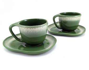 1950s Vintage TAMAC POTTERY Cup & Saucers (2 Sets) Mid Century Modern Perry, Oklahoma Frosty Pine Green Dinnerware