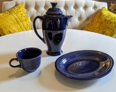 3 pieces FIESTAWARE Cobalt Blue Pottery Coffee pot with lid, Platter Cup Fiesta by Homer Laughlin circa 1980s Vintage