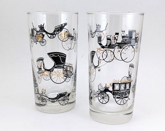 Set of 2 1950s Drinking Glasses Libby Black & Gold Antique Buggy Carriage Drinking Glasses 10 oz Mid Century Modern Design Bar Glasses