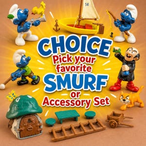 WAHL 1970er-80er Jahre Vintage SMURF Figuren & Zubehör Spielset entworfen von PEYO für Schleich - Such dir deinen Favoriten aus!