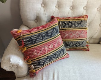 Pair Vintage Turkish Kilim Pillows, Decorative Bohemian Handwoven Throw Pillow COVERS ONLY 14"x14" square