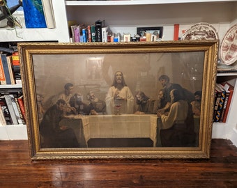 LOCAL PICKUP ONLY: 1920s Vintage Last Supper Print Huge 43" Antique Art Deco Era Gold Picture Frame with Gebhard Fugel Lithograph Print