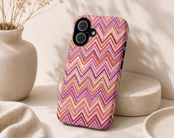 Pink Chevron Phone Case, Retro Zig Zag iPhone Case, Colorful Y2K Samsung Case, Trendy Geometric Phone Cover, Cute Aesthetic Case