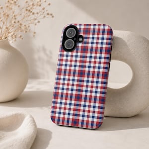 Red Blue Gingham Phone Case, Plaid iPhone Case, Preppy Samsung Case, Americana Checkered Phone Cover, Classic Protective Phone Case