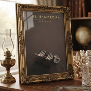 Puede incluir: Un marco de fotos rectangular con un acabado dorado antiguo y ornamentado. El marco contiene una impresión con el texto THE HAMPTONS NEW YORK sobre una ilustración de dos sillas de playa a rayas, un sombrero pequeño y una tela doblada.