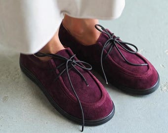 Anatomical Leather Suede Lace-Up Oxford Shoes, Wide Toe Box, Barefoot Style Women, Handmade, Colorful