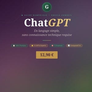 Op de afbeelding: Een digitale gids getiteld "ChatGPT" met witte en gouden tekst op een paarse gradiënt achtergrond. De gids belooft eenvoudige taal en geen technische kennis vereist. Het bevat informatie over prompts, experts en hoofdstukken.