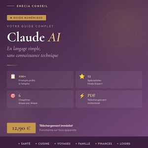 Könnte beinhalten: Ein digitaler Ratgeber mit dem Titel "Claude AI" auf lila Hintergrund. Der Ratgeber verspricht einfache Sprache und keine technischen Kenntnisse. Er enthält Informationen zu Prompts, Spezialisten, Kapiteln und sofortigem PDF-Download.