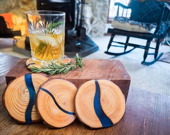 Wood Resin Coasters – Live Edge Tree Slice Drink Coasters with Blue Epoxy River