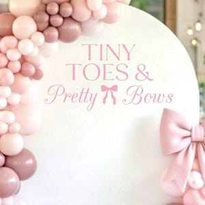 May include: A large white circular backdrop featuring the text "TINY TOES & Pretty Bows" in pink. The display is decorated with an asymmetrical balloon garland in shades of blush, dusty rose, and cream, with a large pink bow on the right side.