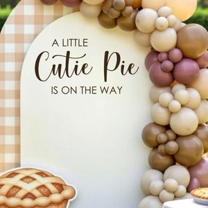 May include: An arched backdrop with a beige and white gingham border and a white center panel featuring the text A LITTLE Cutie Pie IS ON THE WAY. A cluster of balloons in shades of cream, tan, and mauve frames the arch, with a pie illustration.