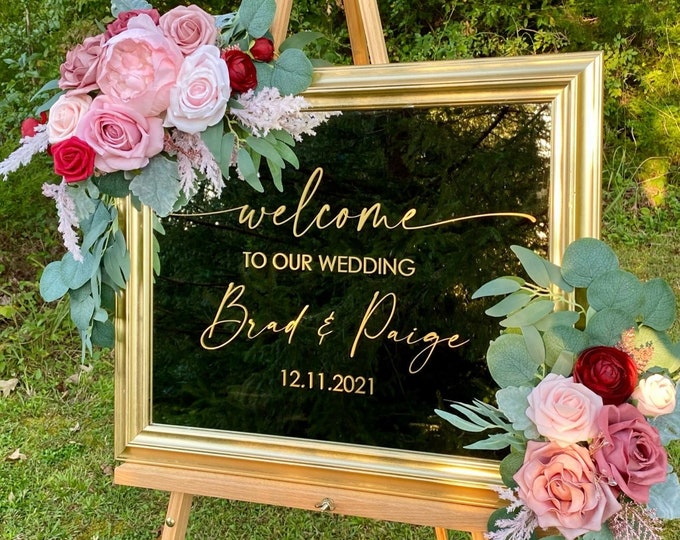 Welcome to our Wedding Decal for Mirror Gold Blush Burgundy Wedding Vinyl Decal for Acrylic Sign or Chalkboard Wedding Decor Entrance Decal