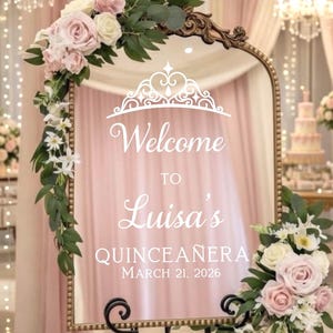 Quinceanera Welcome Decal - Girls 15th Birthday Vinyl for Mirror - Crown and Stars Personalized Decal