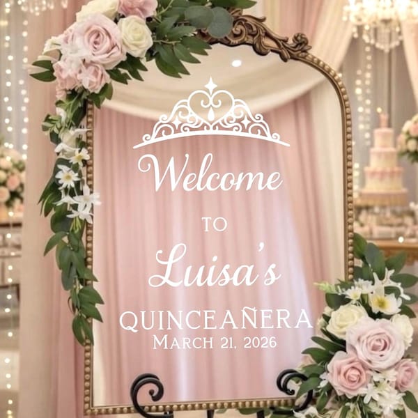Quinceanera Welcome Decal - Girls 15th Birthday Vinyl for Mirror - Crown and Stars Personalized Decal