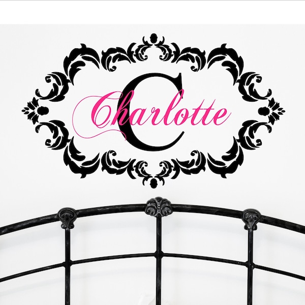 Girls Name Vinyl Decal Fancy Damask Border Wall Decal for Baby Girl Nursery or Girls Bedroom Name and Initial Monogram Decal for Wall 22x35