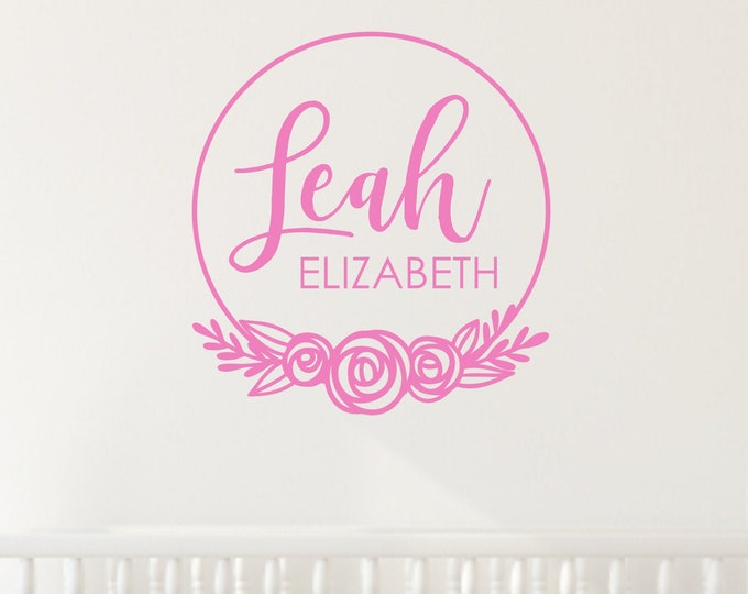 Girls Name Decal Modern Trendy Wall Decal for Baby Girls Room Nursery Vinyl Decal Floral Circle with Name Wall Decal