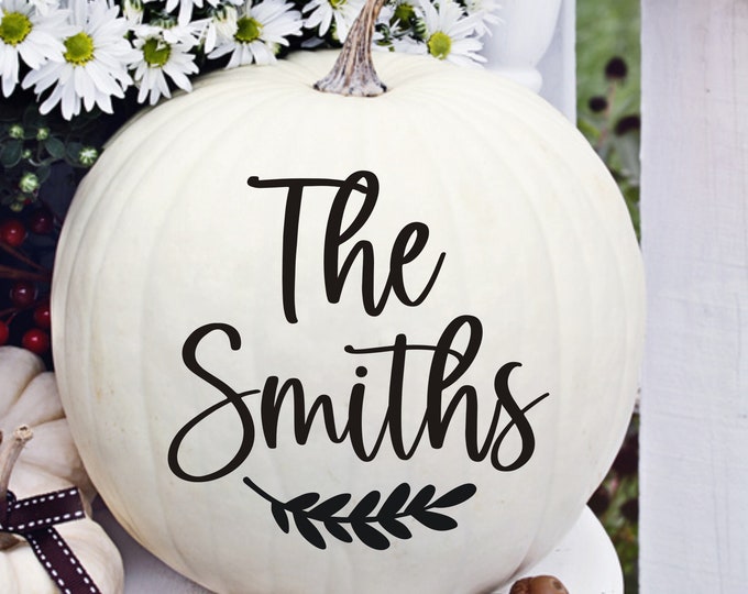 Pumpkin Name Decal Vinyl Sticker for Fall Pumpkin Last Name with Laurel Small Vinyl Decal for Pumpkin or Fall Decor Holiday Halloween