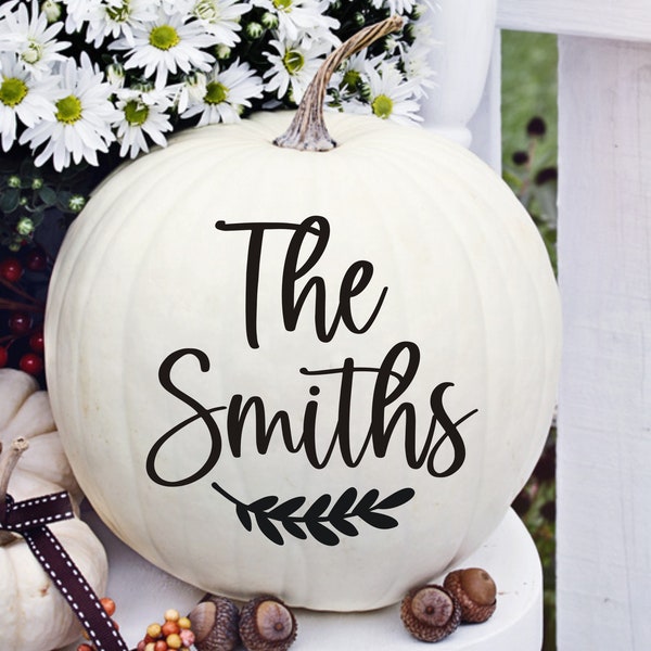 Pumpkin Name Decal Vinyl Sticker for Fall Pumpkin Last Name with Laurel Small Vinyl Decal for Pumpkin or Fall Decor Holiday Halloween