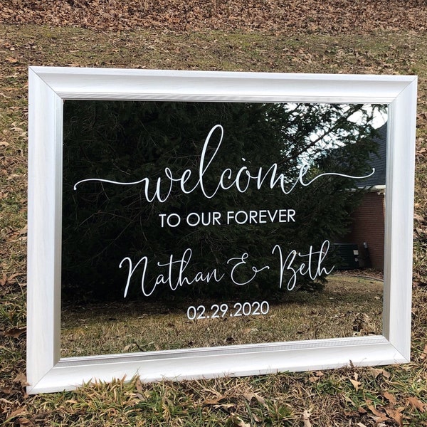 Wedding Decal for Mirror Welcome to our Forever with Names and Date Wedding Vinyl Decal Wedding Sign Vinyl Decal DIY