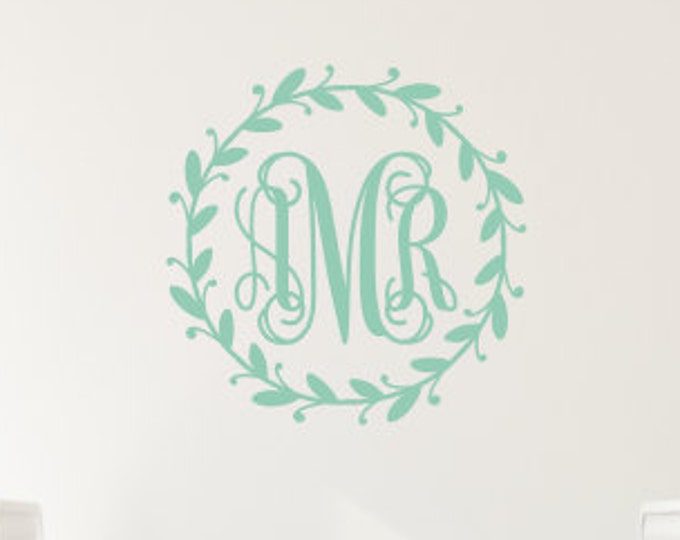 Monogram Wall Decal Twig Wreath Nursery Decal Rustic Nursery Decor Girls Nursery Bedroom Wall Decal Personalized Decal Vine Monogram Decal