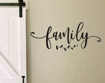 Family Wall Decal Farmhouse Style Vinyl Decor Rustic Family with Laurel Handwritten Family Vinyl DIY Lettering for Sign Various Sizes
