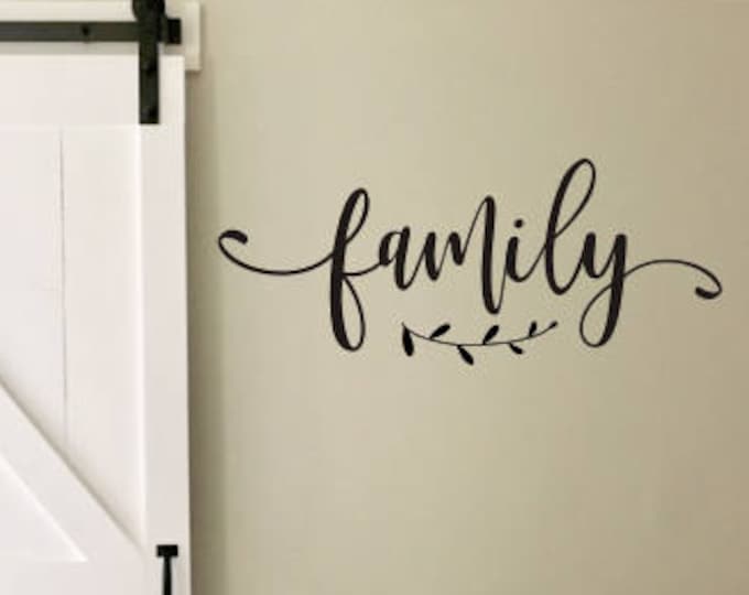 Family Wall Decal Farmhouse Style Vinyl Decor Rustic Family with Laurel Handwritten Family Vinyl DIY Lettering for Sign Various Sizes