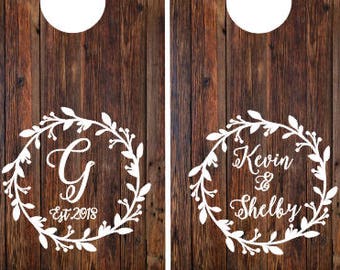 Wedding Sign Decals Rustic Cornhole Decals for Wedding Couples Names and Monogram with Date Vinyl Decals for Cornhole Boards Set of Two