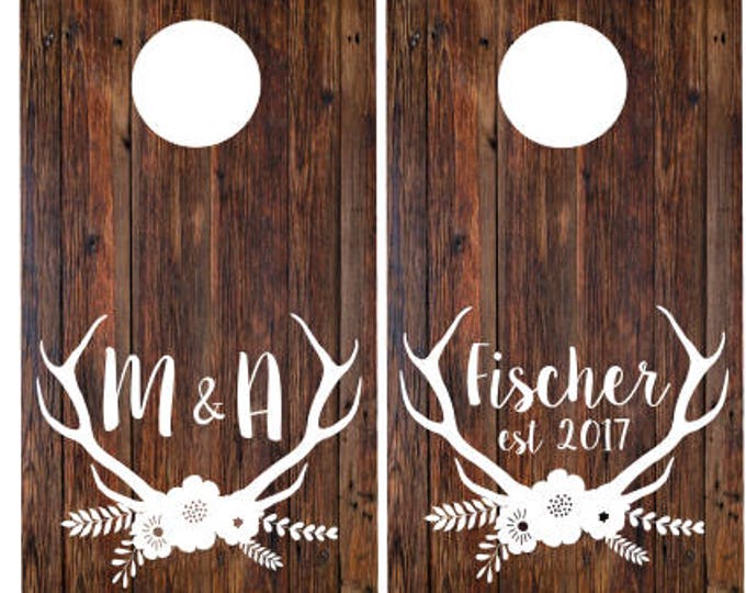 Wedding Cornhole Decals Set of Two Vinyl Decal for Rustic Barn Wedding Antler Country Wedding Floral Personalized Bride Groom Name and Date