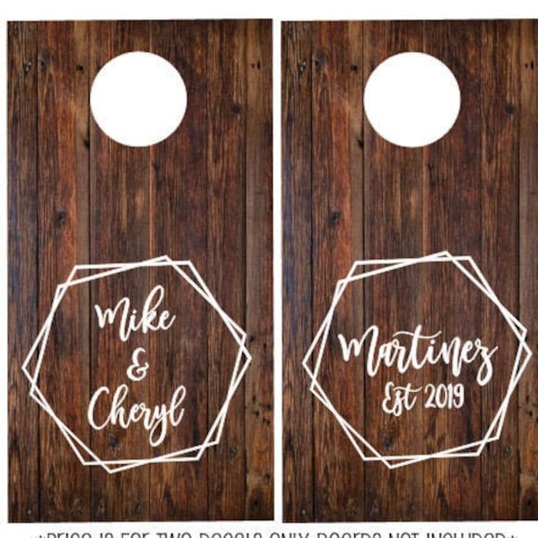 Cornhole Board Decals Set of Two Decals for Wedding Cornhole Game Modern Hexagon Wedding Decals for Cornhole Boards Vinyl Decal Names Date