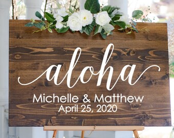 Aloha Wedding Decal for Sign Hawaiian Beach Wedding Vinyl Decal for Mirror or Chalkboard Aloha with Names and Date Decal