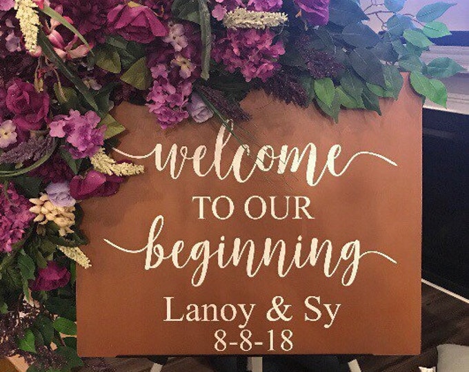 Rustic Wedding Decal-l Welcome to our Beginning- Personalized Vinyl Decal- Wedding Sign- DIY Lettering -Names and Date Custom Decal