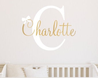 Girls Name Decal Gender Neutral Bedroom Decor Initial Name and Bow Vinyl Wall Decal for Nursery