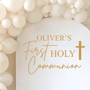 Personalized Holy Communion Sticker - Baptism Party Backdrop - Personalized Name and Cross Wall Decal for Balloon Arch - Religious Decal