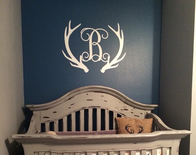 Monogram Antlers Decal Vinyl Wall Decal Deer Buck Antlers Initial Monogram Wall Decal Large Vinyl Wall Monogram Personalized Housewares