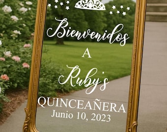 Sticker Quinceanera pour fabrication d'enseigne Sticker en vinyle pour enseigne Quinceanera Bienvenidos fête d'anniversaire Sticker de bienvenue espagnol pour miroir rose et or