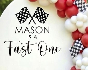 Fast One Birthday Decal – Race Car Theme Vinyl Backdrop Name Age Checkered Flag