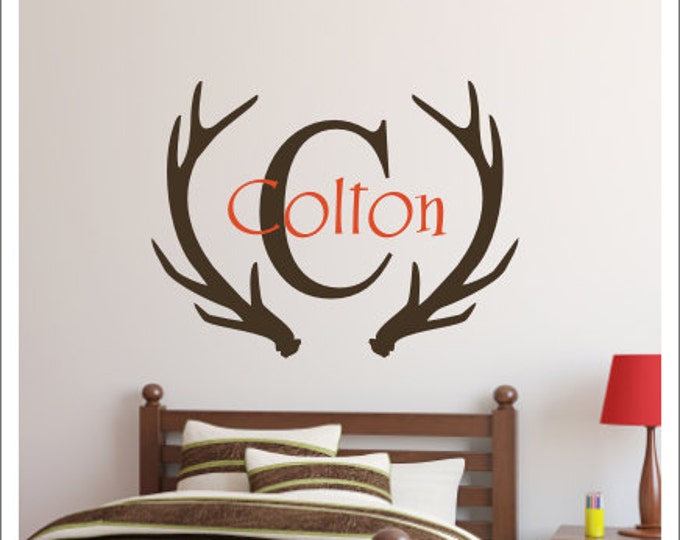 Personalized Antlers Decal Boys Hunting Decal Wall Decal Vinyl Decal Boys Nursery Boys Bedroom Vinyl Wall Decor Antlers Initial Name Decal