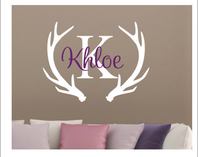 Antler Wall Decal Personalized Decal Vinyl Wall Decal Buck Antlers Deer Decal Girls Bedroom Decal Hunting Nursery Vinyl Decal Antlers Name