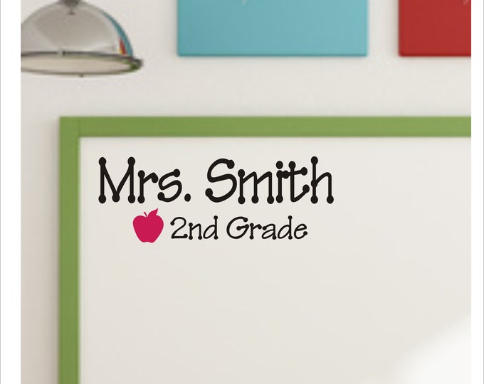 Teacher Name Decal Classroom Decor Name and Grade with Apple Gift for Teacher Christmas Gift Idea School Classroom Door Decal