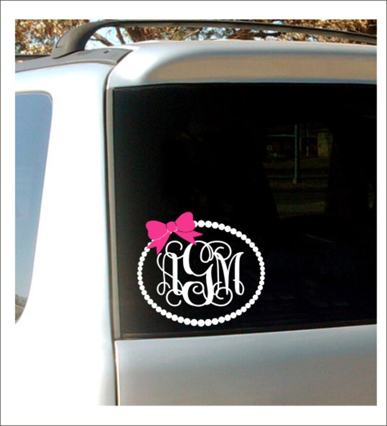 Monogram Car Decal Monogram With Bow Pearl Border Vinyl Decal Etsy