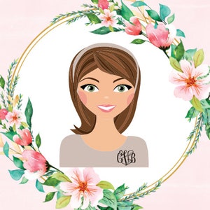 Puede incluir: Ilustraci&oacute;n de una mujer con cabello casta&ntilde;o, ojos verdes y una blusa marr&oacute;n claro. Ella est&aacute; sonriendo, y un monograma est&aacute; en su camisa. La imagen est&aacute; enmarcada por un c&iacute;rculo dorado y una corona floral con flores rosas y blancas.