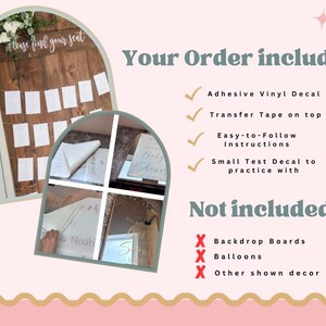 May include: A wooden seating chart with white cards and the text "Please find your seat." The image also shows an adhesive vinyl decal, transfer tape, instructions, and a small test decal. The text "Your Order includes:" and "Not included:" are also visible.