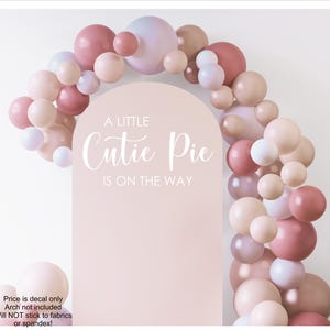 May include: A light pink arched backdrop decal featuring the white text A LITTLE Cutie Pie IS ON THE WAY, surrounded by a decorative balloon garland in various shades of dusty rose, mauve, beige, and pale lavender, arranged in an arch shape.