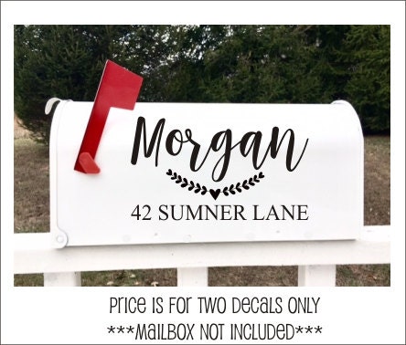 Mailbox Address Decal Set of Two Vinyl Name and Address for Mailbox Vinyl Decals Various Sizes Farmhouse Decals Rustic Laurel Heart Mailbox