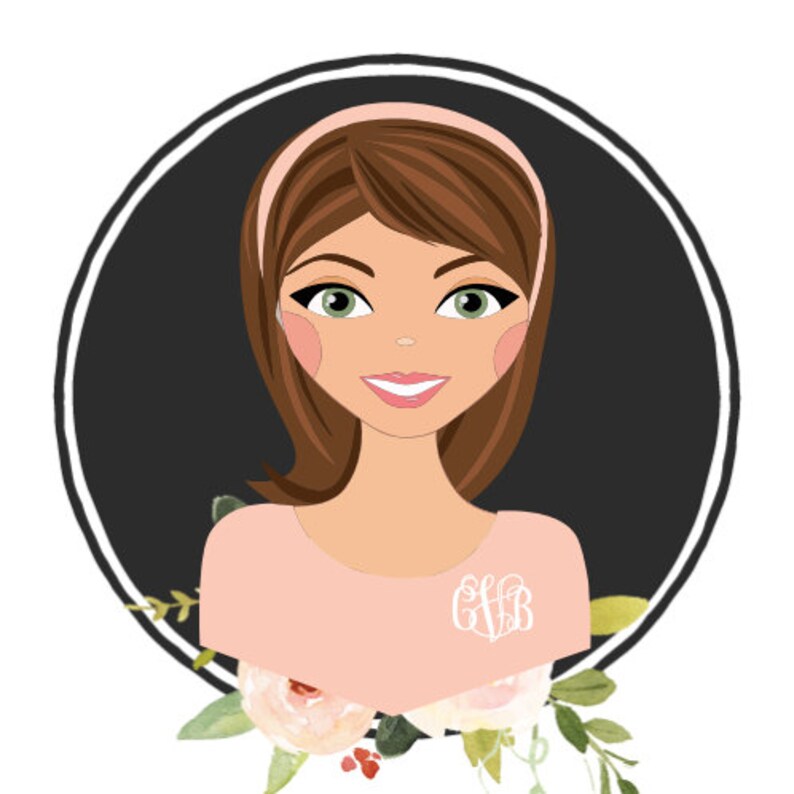 May include: A woman with brown hair wearing a pink headband and a peach-colored shirt with the monogram "GVB" on the front. She is surrounded by watercolor flowers.