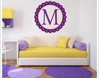 Personalized Wall Decal Scalloped Border Initial Frame Vinyl Wall Decal Girls Nursery Decal Bedroom Decal Dorm Room Teen Girl Monogram