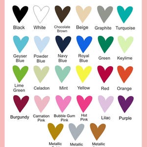 May include: A color chart displaying matte finish color options. Each color is represented by a heart shape with the color name below. Colors include black, white, brown, beige, and metallic options.