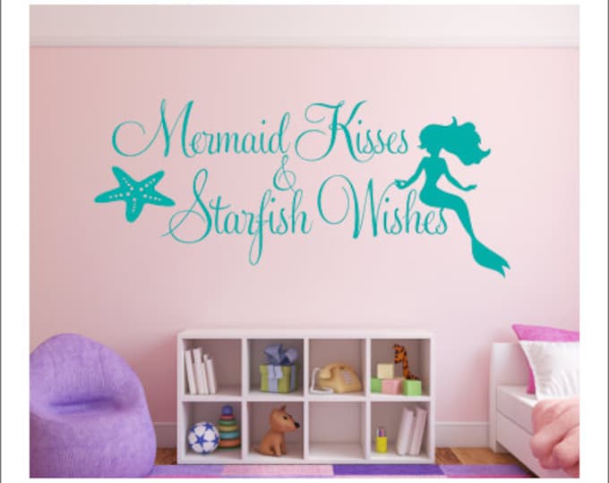 Mermaid Kisses Wall Decal Starfish Wishes Decal Wall Decal Mermaid Starfish Beach Ocean Wall Decal Girls Nursery Bedroom Decal Housewares